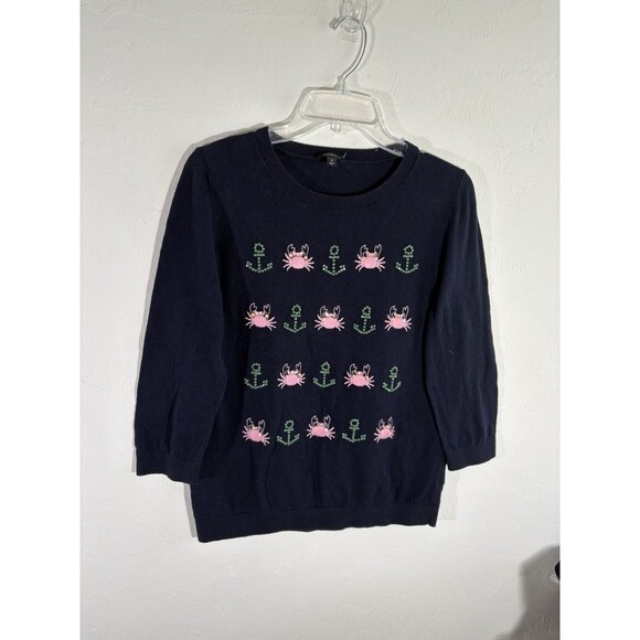 TALBOTS Women Navy Sea Embellished Casual Pink Crabs Green Anchor Medium Sweater - Picture 1 of 5